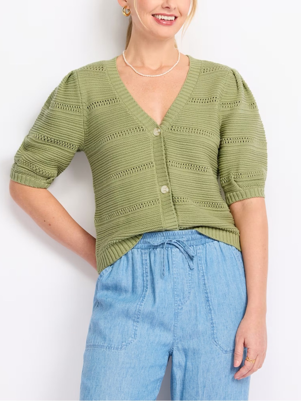 Les Serein Textured Short Sleeve Cardigan - L